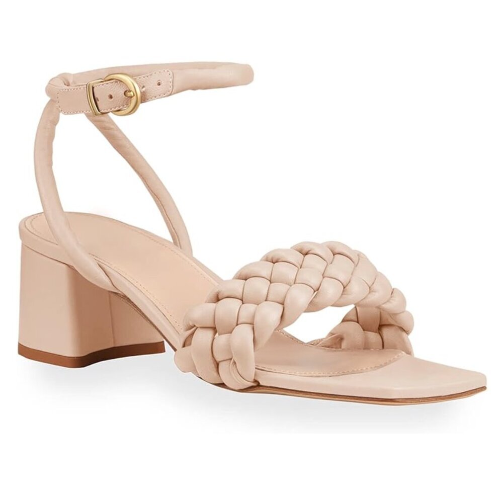 Nude Braided Open Toe Ankle Strap Low Block Chunky Heels Sandals Size 5.5